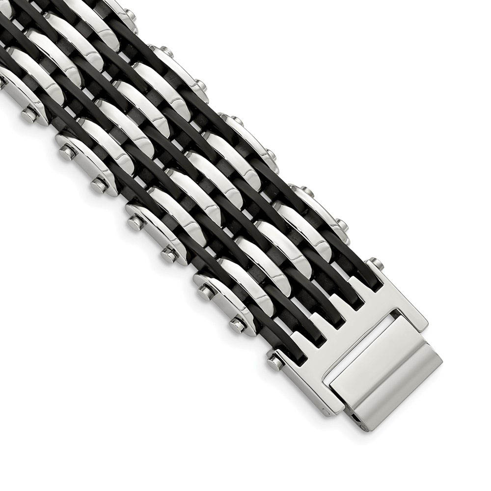 Men&#039;s 24mm Stainless Steel and Black Rubber Bracelet, 8.75 Inch