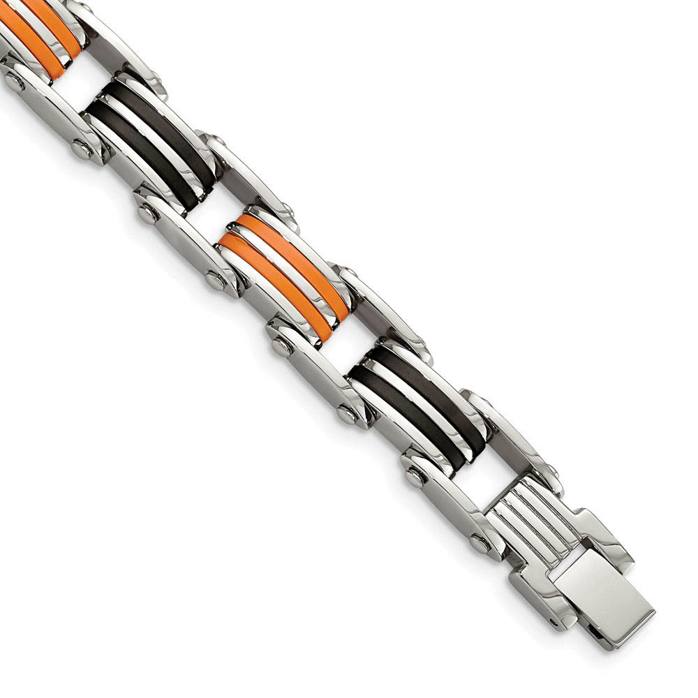 Men&#039;s 10mm Stainless Steel Black and Orange Rubber Bracelet, 8.75 Inch