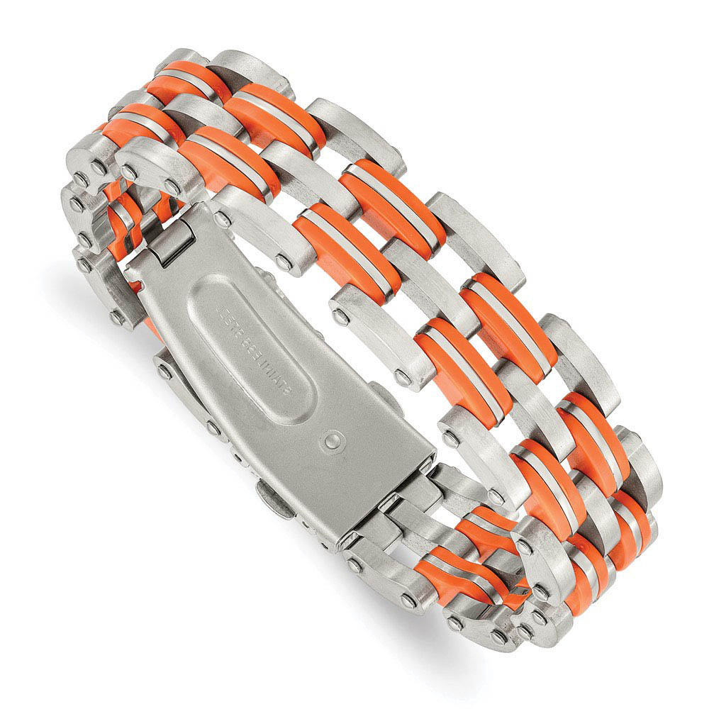 Men&#039;s 14mm Stainless Steel Orange Rubber Bracelet, 8 Inch