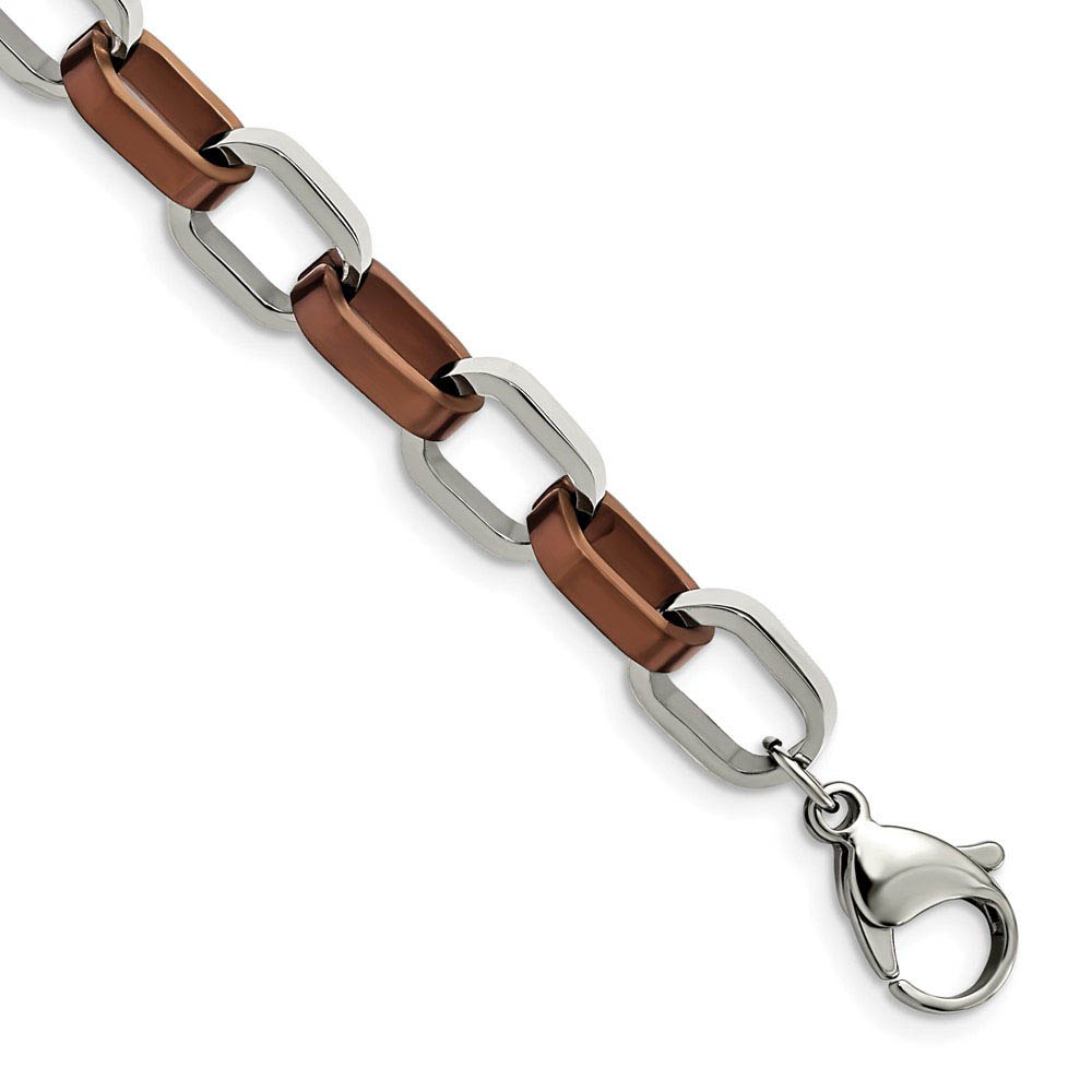 Men&#039;s Stainless Steel &amp; Cognac Plated 9mm Rolo Link Bracelet, 8.5 Inch