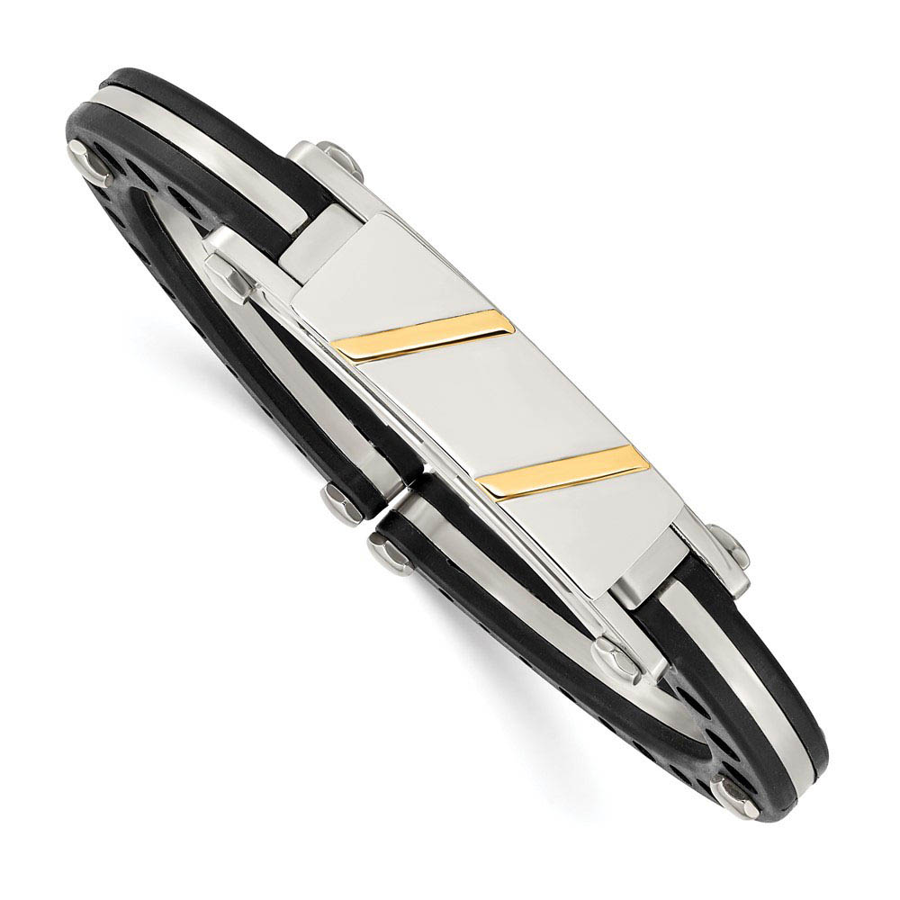 Men&#039;s Stainless Steel, Black PVC &amp; 14k Gold Inlay ID Cuff Bracelet