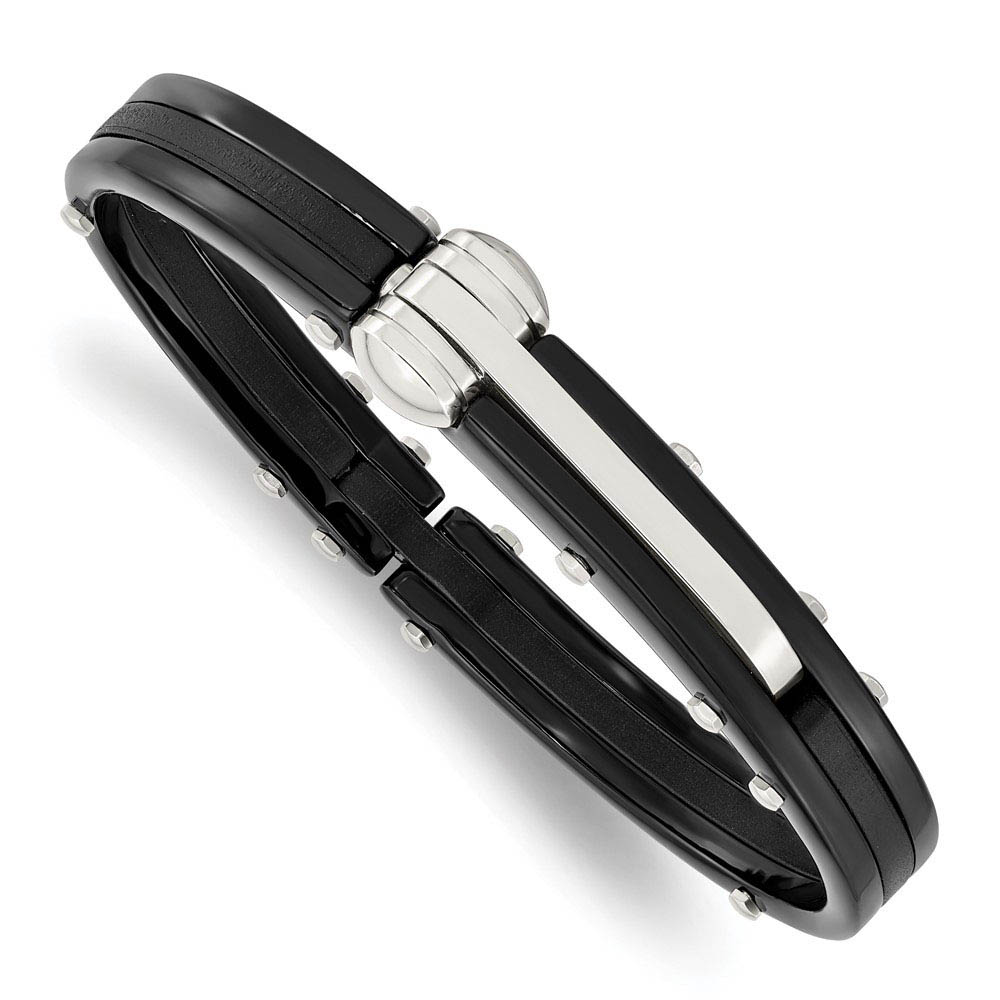 Men&#039;s Two Tone Stainless Steel &amp; Black Pvc 10mm Hinged Bangle Bracelet