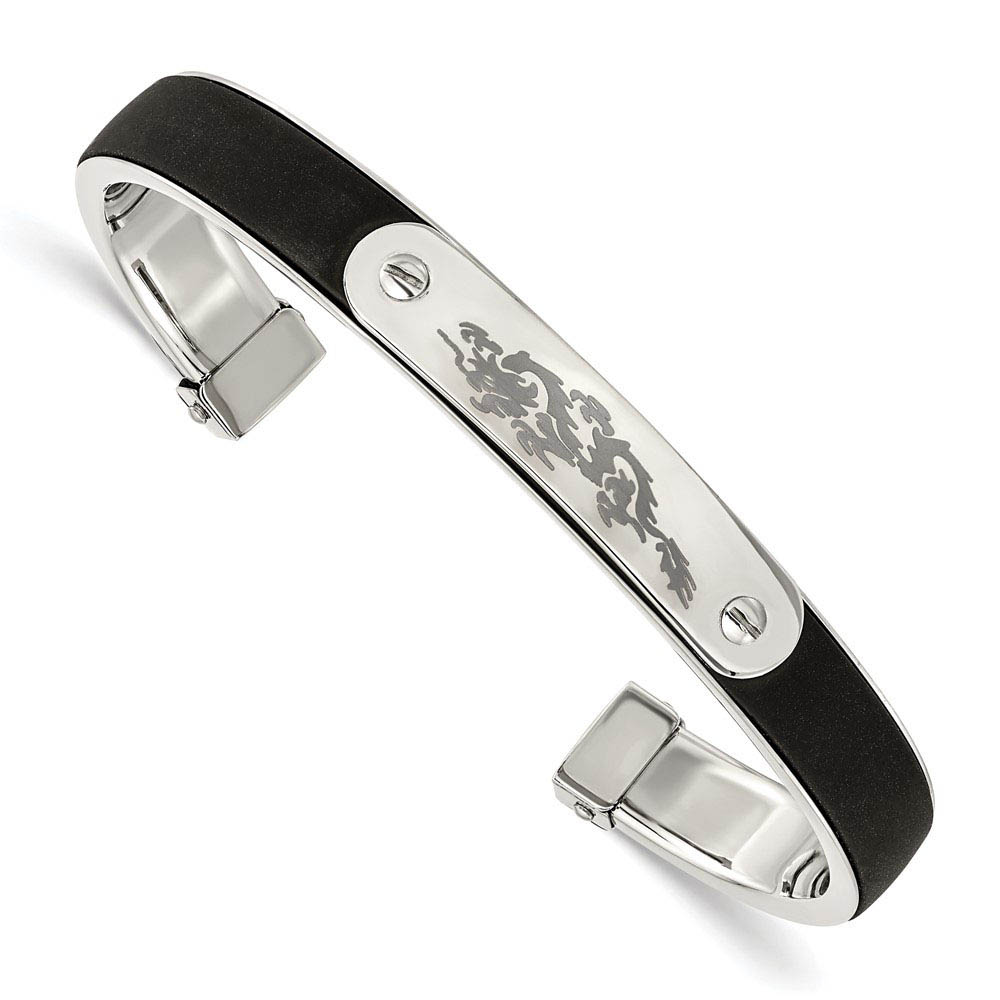 Men's Stainless Steel and Black Rubber 8mm Dragon Cuff Bracelet