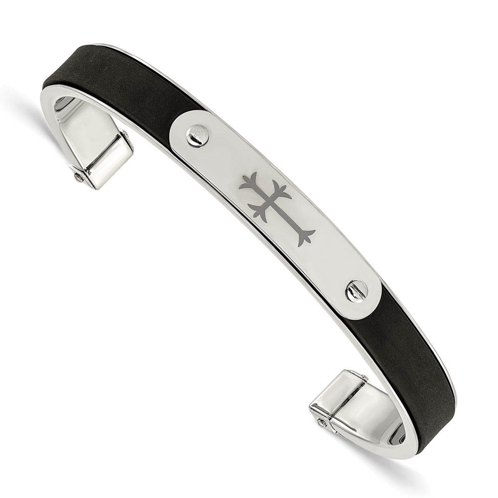 Men&#039;s Stainless Steel and Black Rubber 8mm Cross Cuff Bracelet