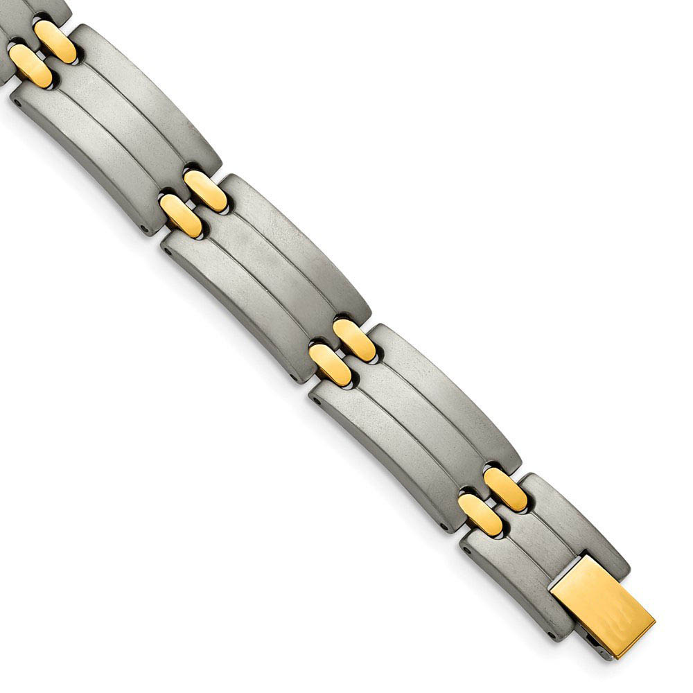 Men&#039;s 11mm Titanium and Gold Tone Solid Link Bracelet - 8.5 Inch