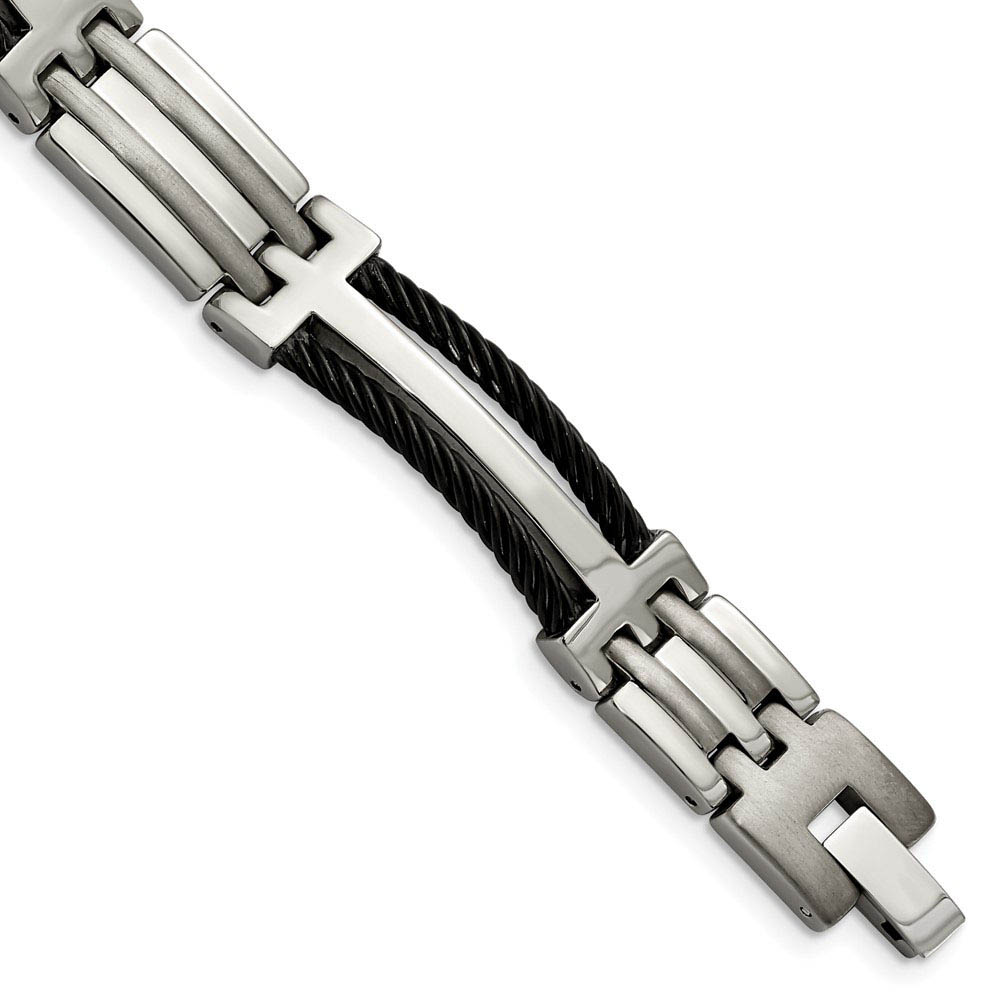 11mm Men&#039;s Titanium and Black Cable Link Bracelet - 8.5 Inch