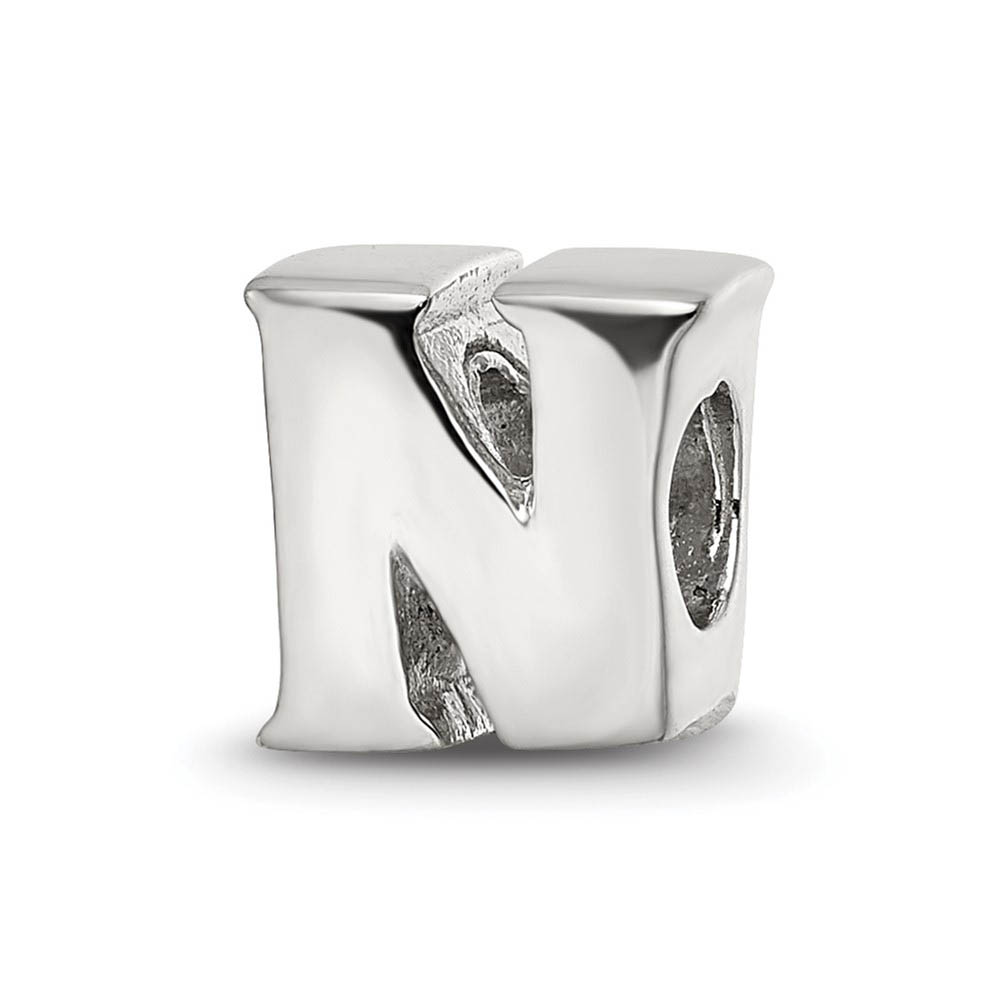 Sterling Silver Letter N Polished Bead Charm, 10mm