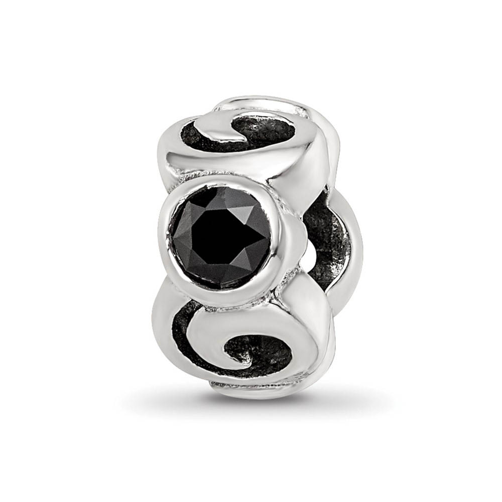 Sterling Silver and Black CZ, Three-Stone Swirl Bead Charm