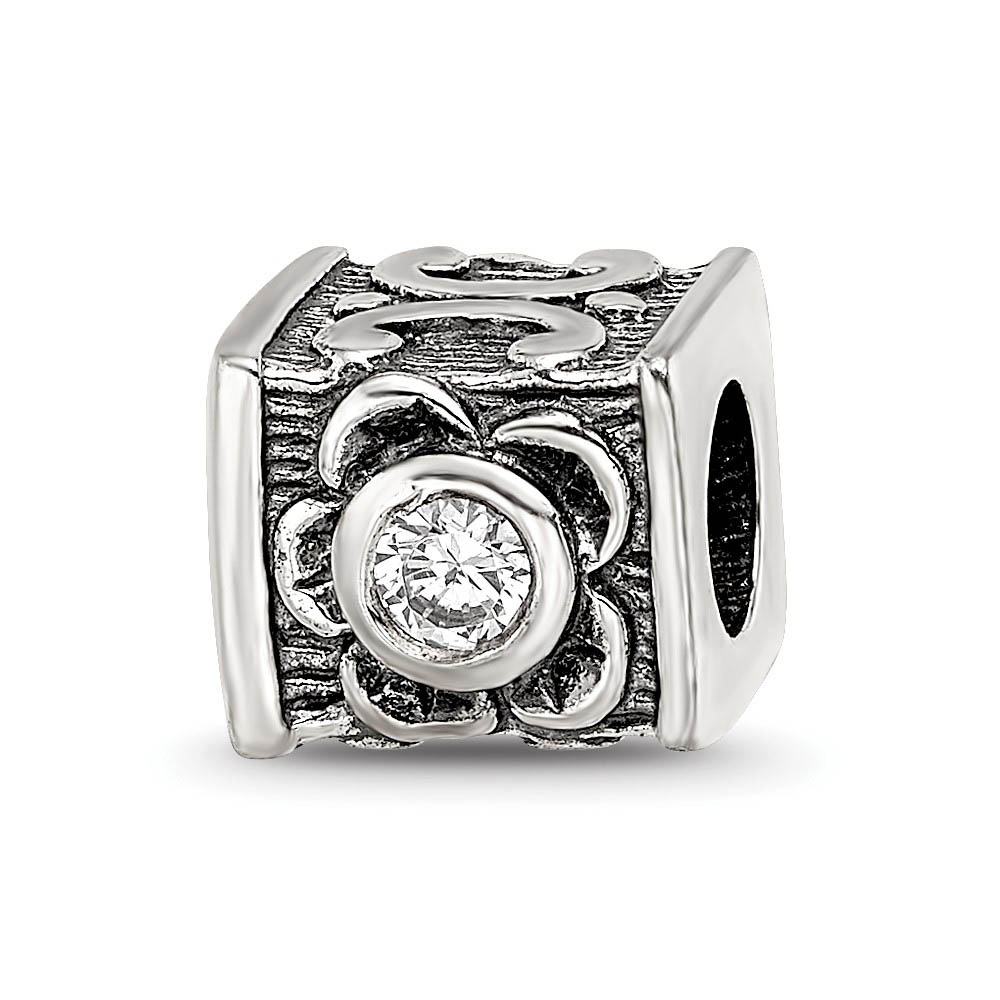 Square Floral Sterling Silver & CZ Bead Charm