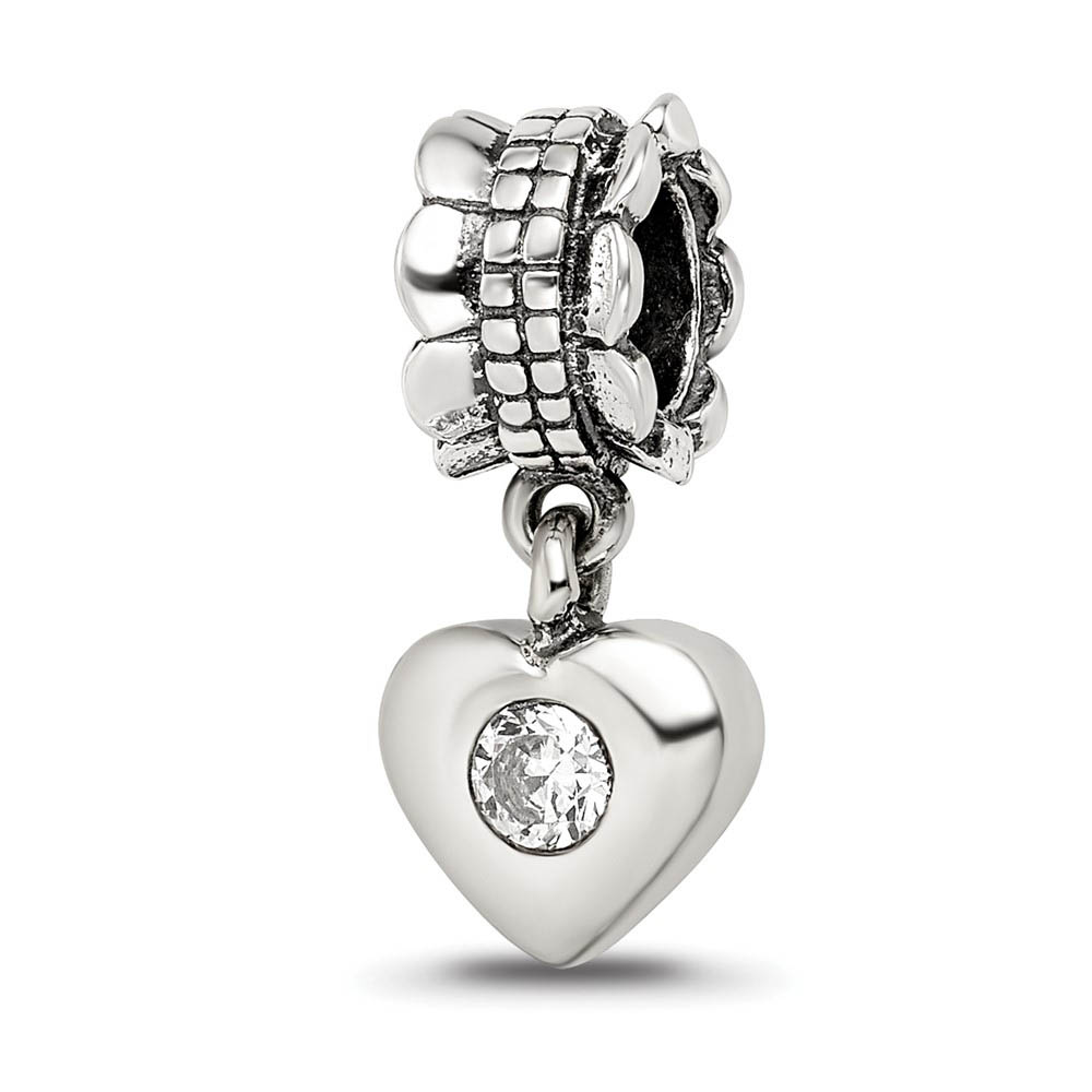 Sterling Silver and Cubic Zirconia Heart Dangle Bead Charm