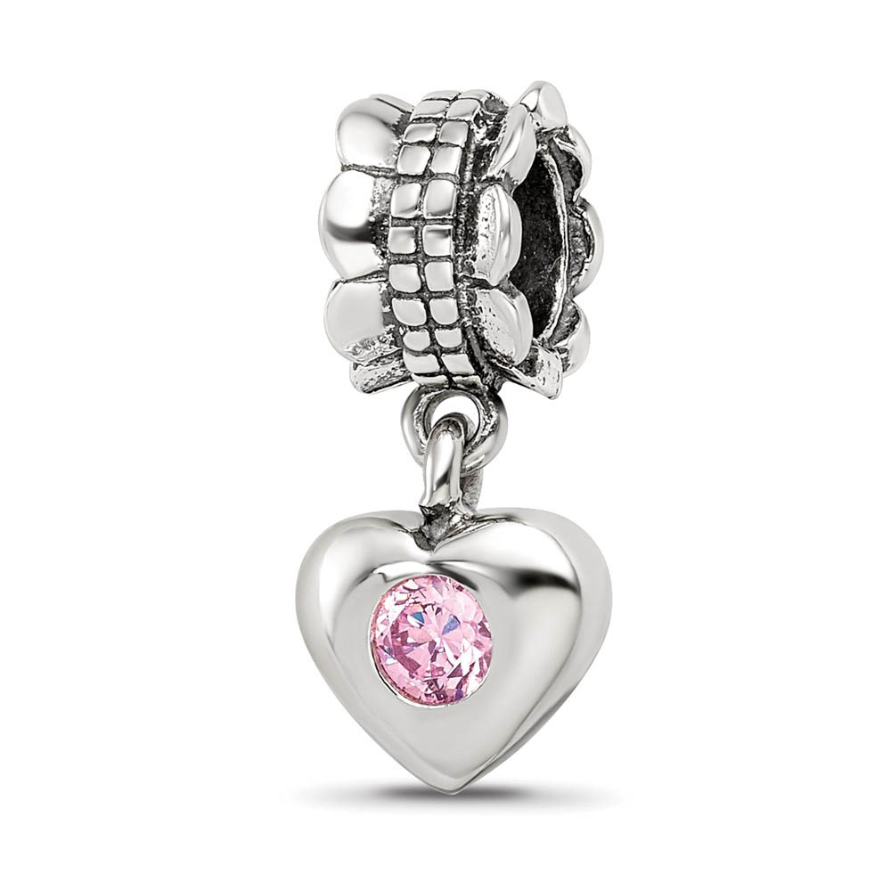 Sterling Silver and Pink CZ Heart Dangle Bead Charm