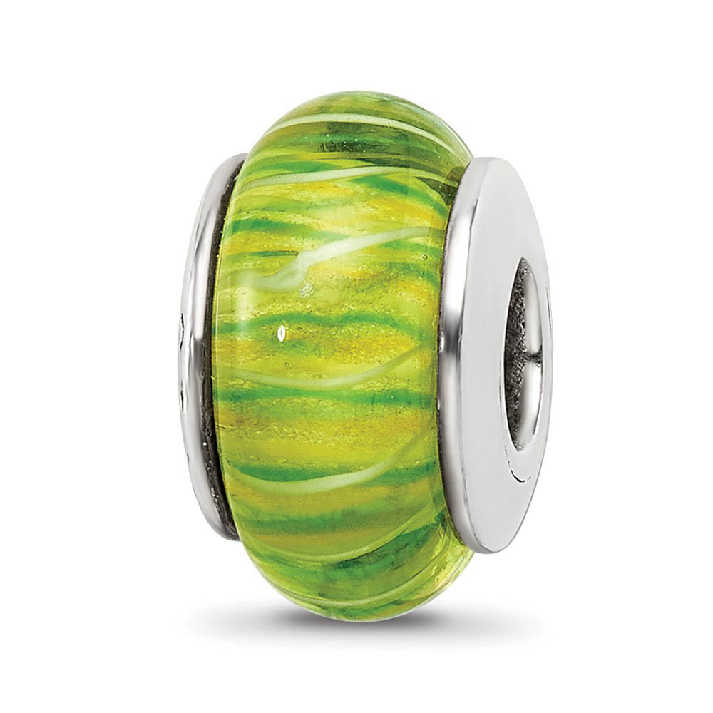 Green & White Striped Glass Sterling Silver Bead Charm