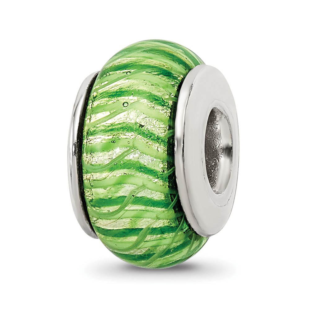 Green Striped Glass Sterling Silver Bead Charm
