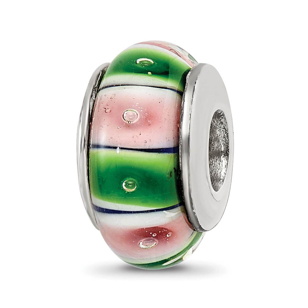 Glass and Sterling Silver Green & Pink Striped Bead Charm, 13.25mm