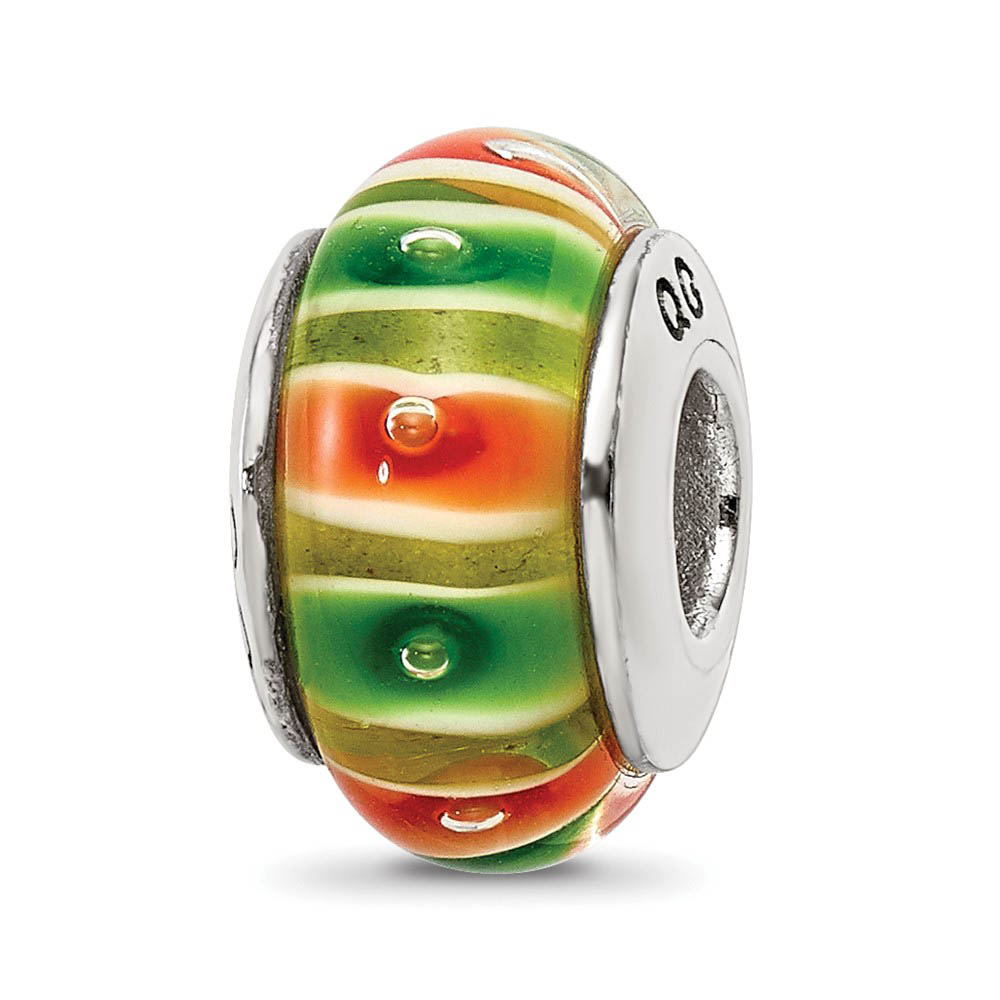 Green & Orange Striped Glass Sterling Silver Bead Charm