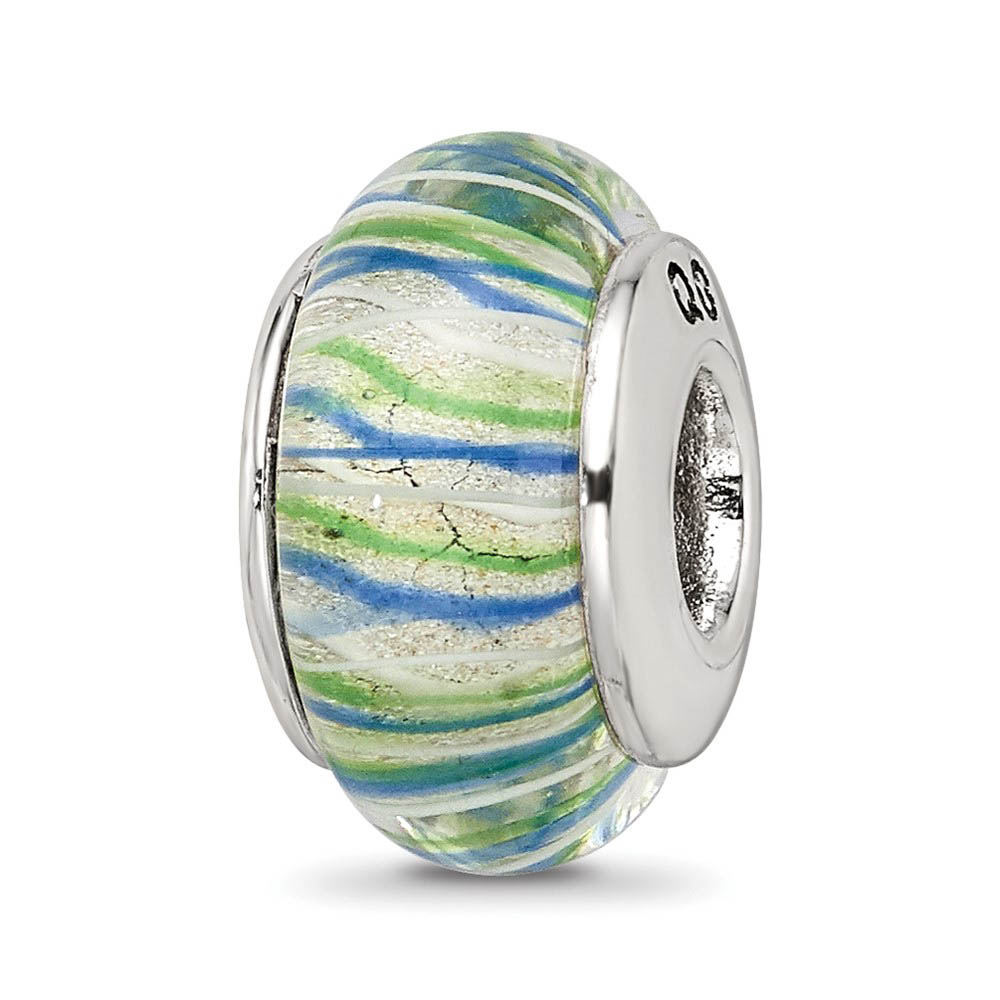 Glass and Sterling Silver Blue & Green Striped Bead Charm, 13.25mm