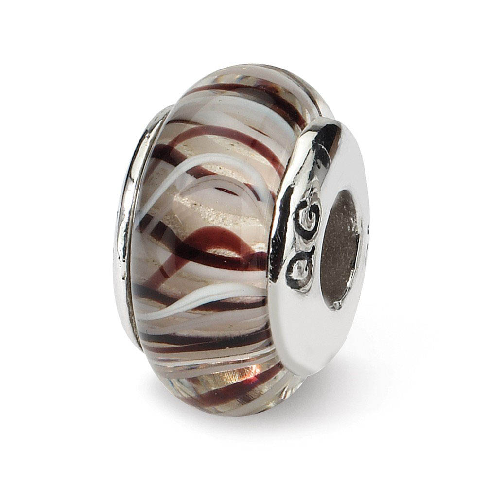 Brown & White Striped Glass Sterling Silver Bead Charm