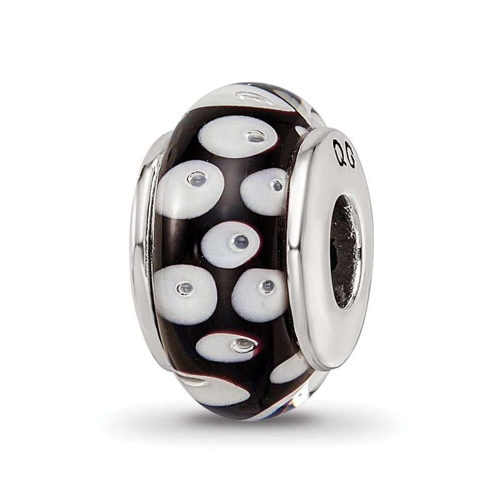 Glass and Sterling Silver Black & White Dotted Bead Charm, 13.25mm