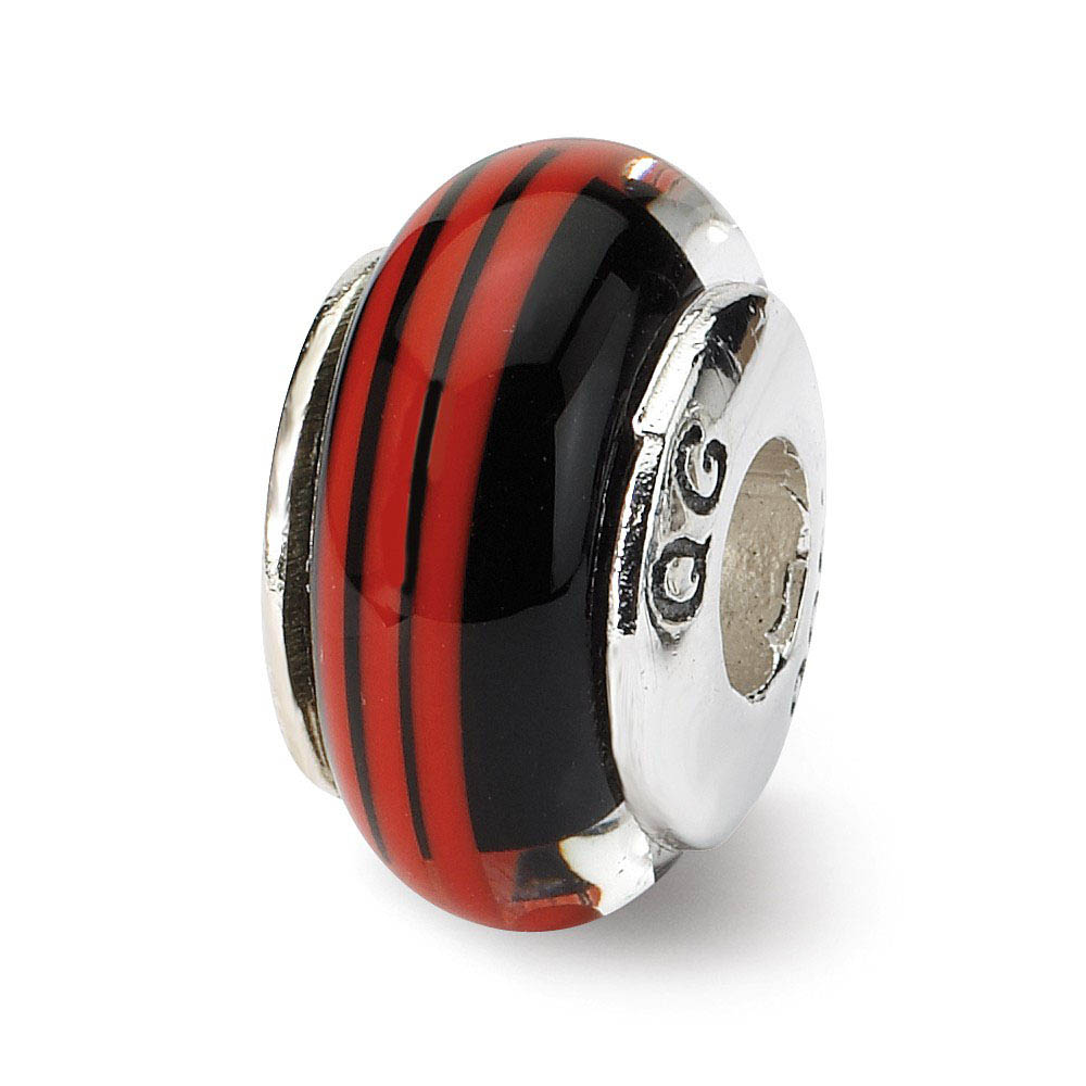 Black & Red Striped Glass Sterling Silver Bead Charm