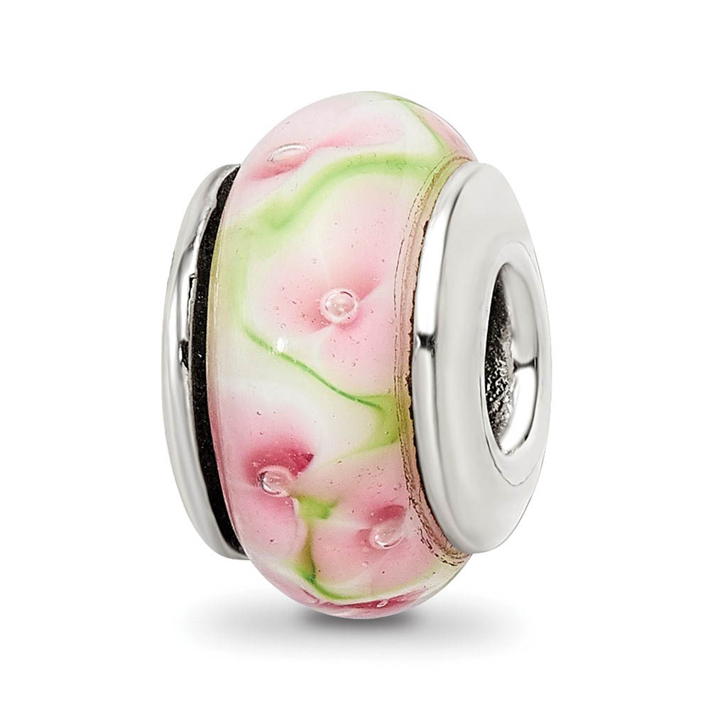 Pink &amp; Green Floral Glass Sterling Silver Bead Charm