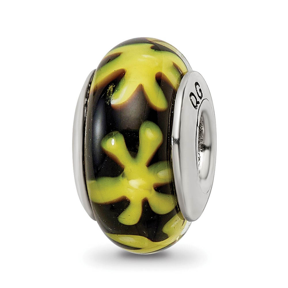 Black &amp; Yellow Floral Glass Sterling Silver Bead Charm