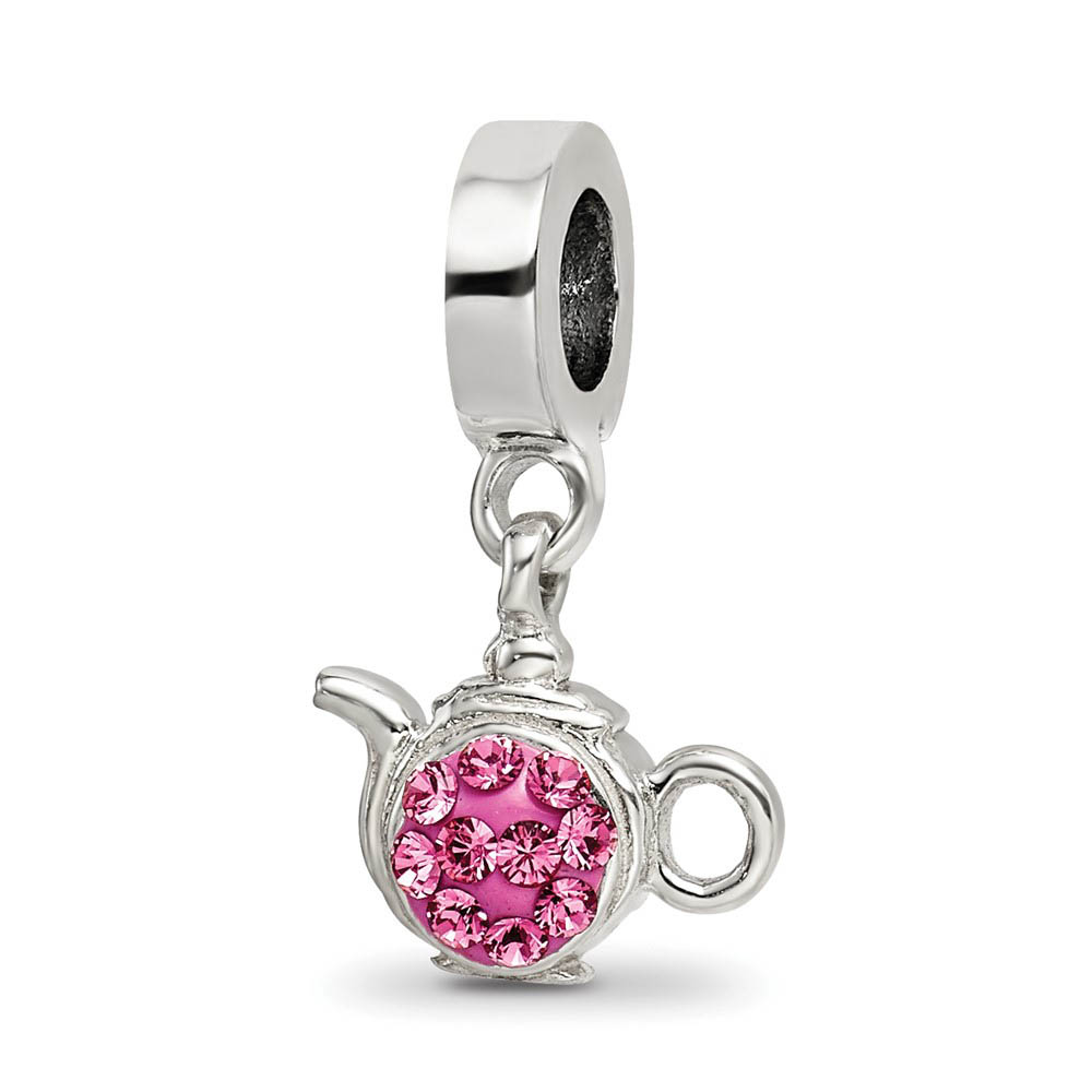 Sterling Silver Pink Crystal Teapot Dangle Bead Charm