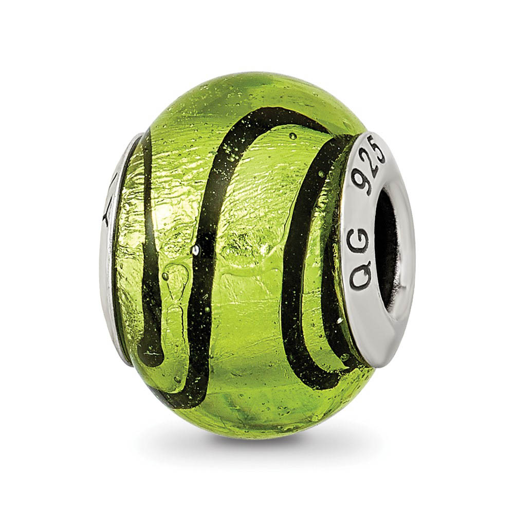 Sterling Silver, Green and Black Striped Murano Glass Bead Charm