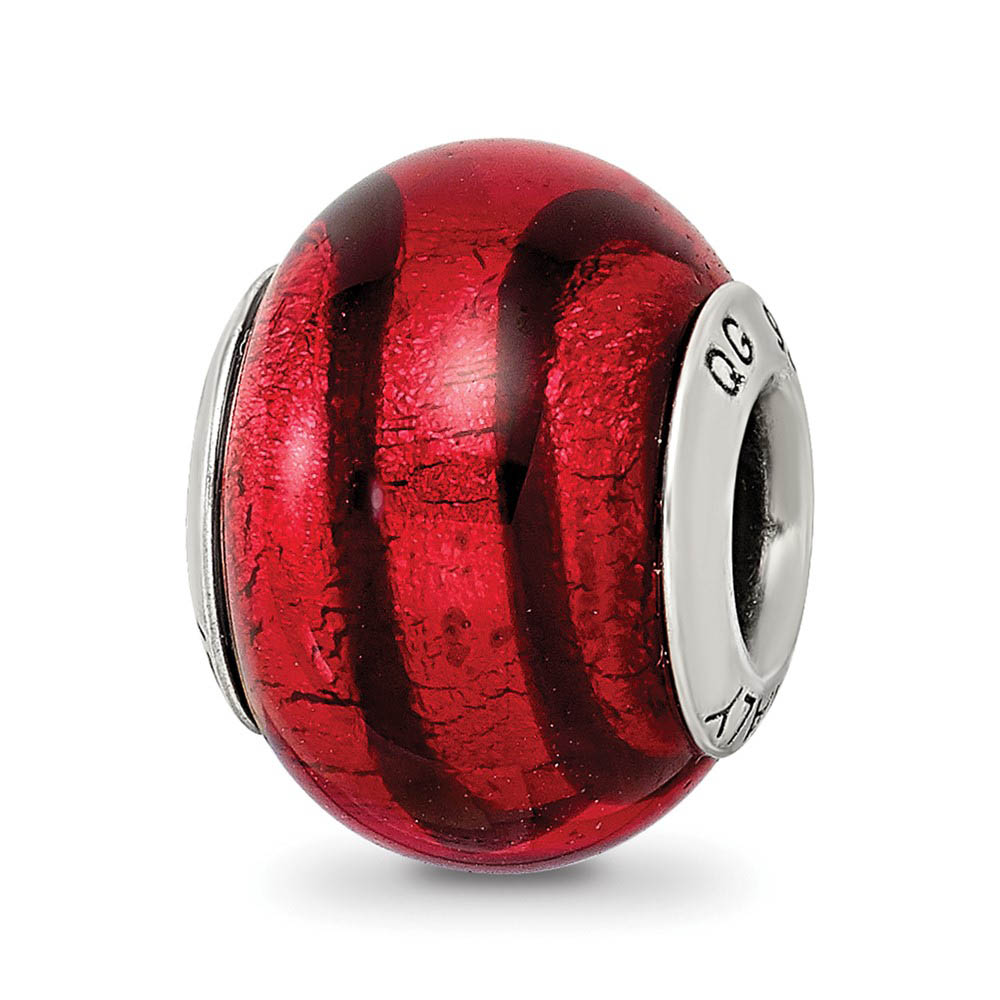 Sterling Silver, Red and Black Striped Murano Glass Bead Charm