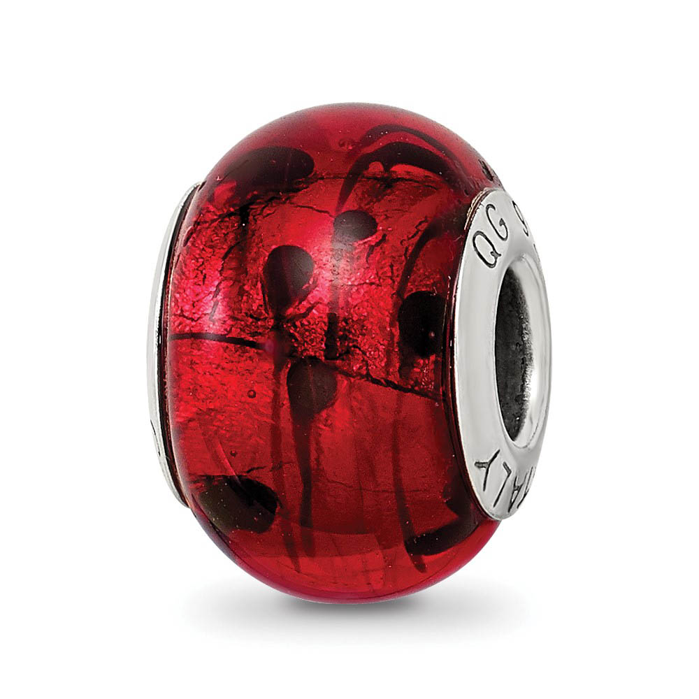 Sterling Silver, Red and Black Spotted Murano Glass Bead Charm