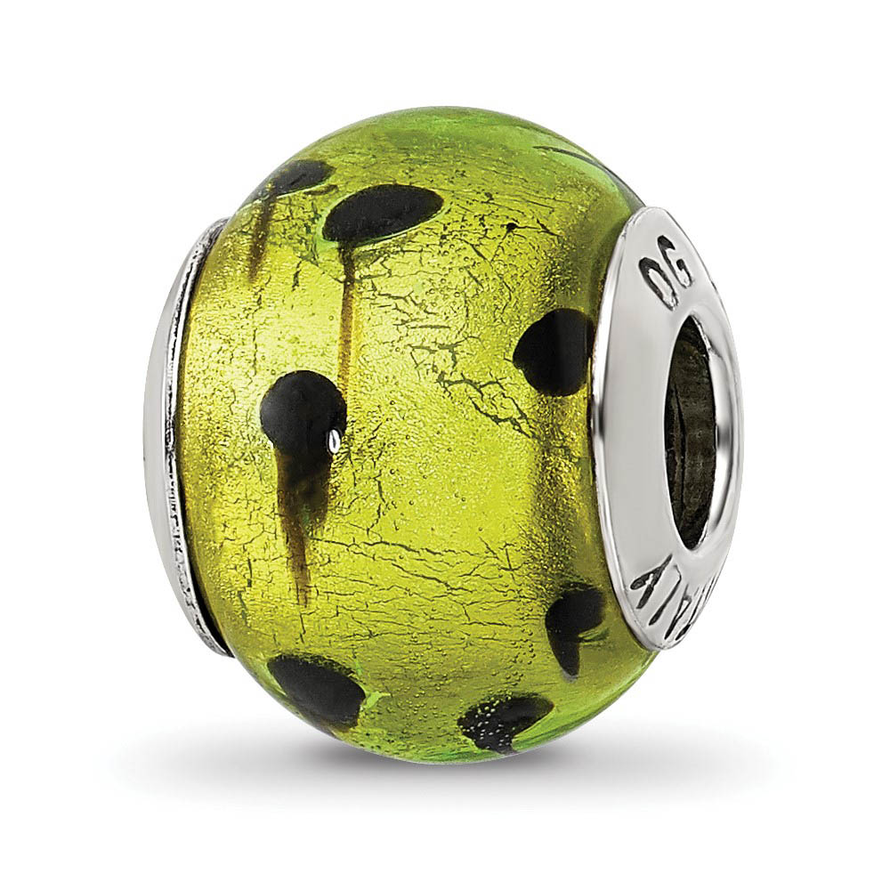 Sterling Silver, Green and Black Spotted Murano Glass Bead Charm