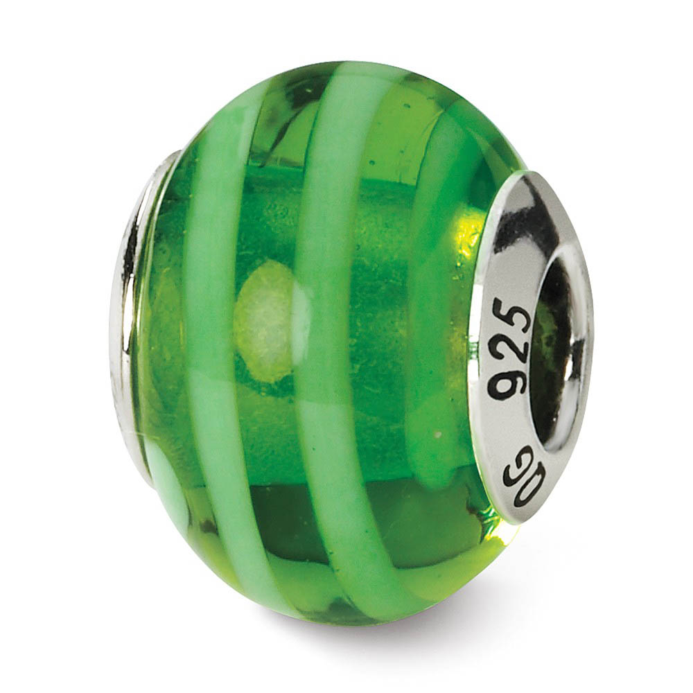 Sterling Silver, Green Striped Murano Glass Bead Charm