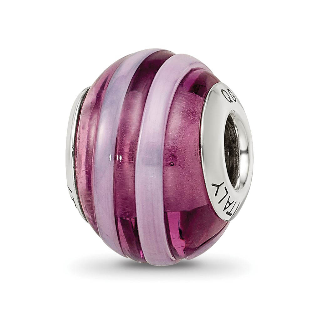 Sterling Silver, Pink and Purple Striped Murano Glass Bead Charm