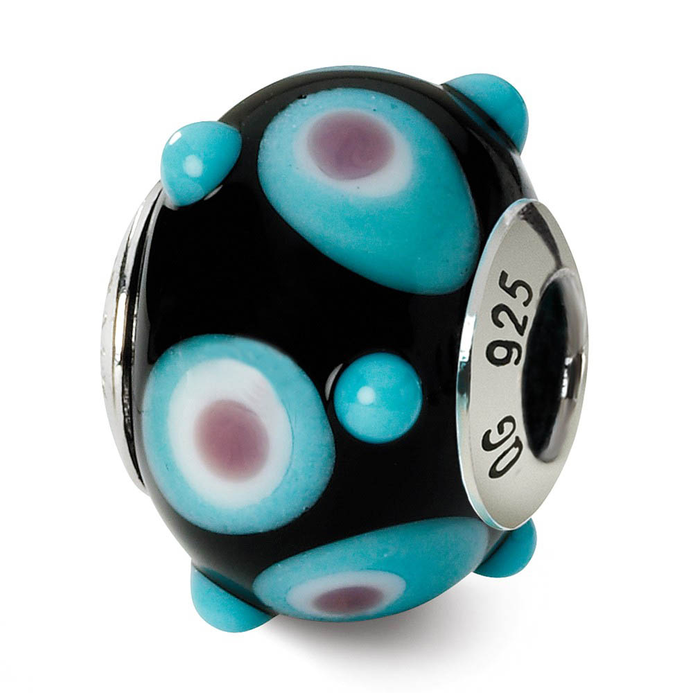 Sterling Silver, Blue and Blue Dotted Murano Glass Bead Charm