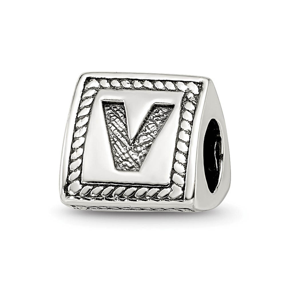 Triangle Block, Letter V Sterling Silver Bead Charm