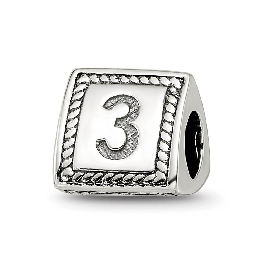 Triangle Block, Number 3 Sterling Silver Bead Charm