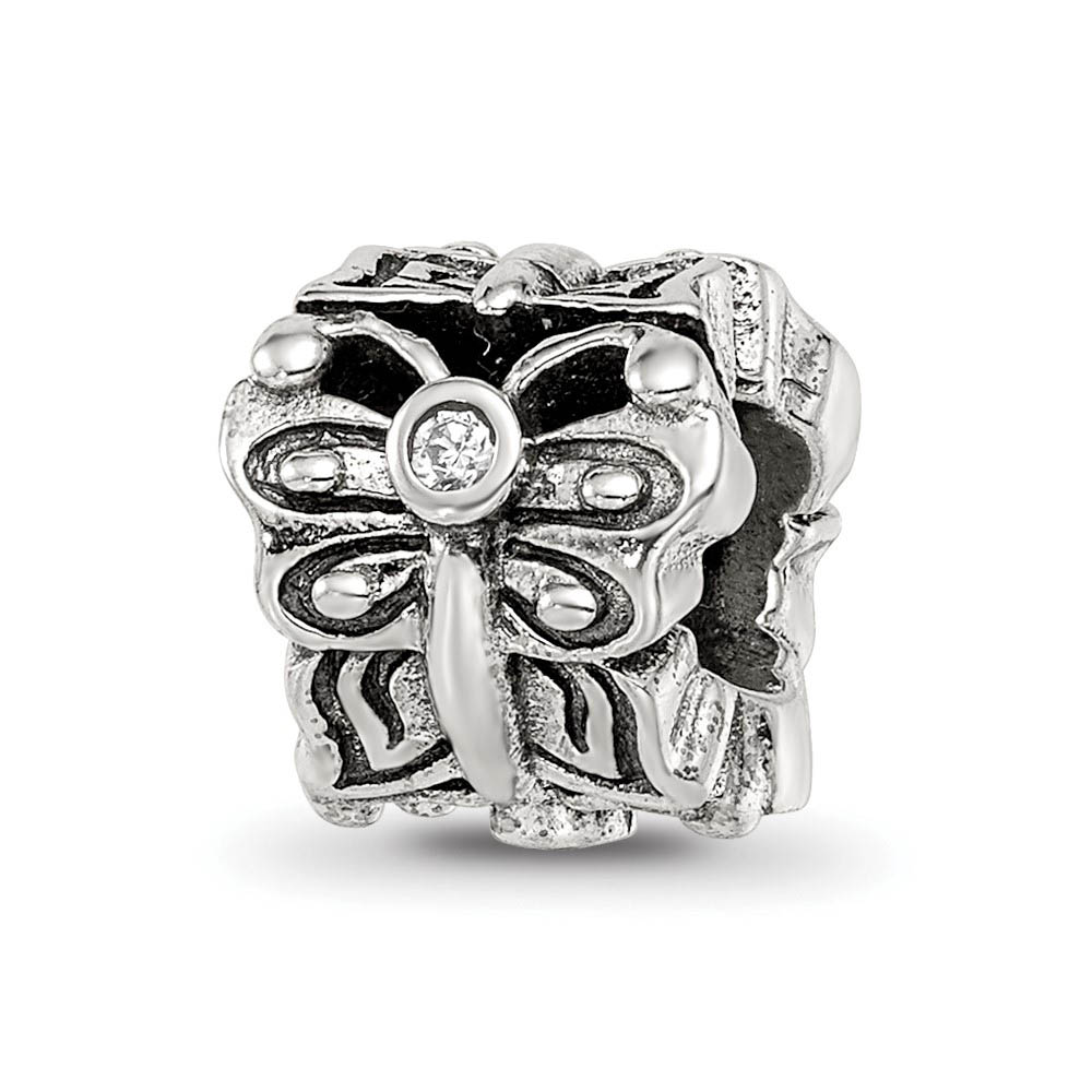 Sterling Silver & CZ 3-Stone Butterfly Bead Charm