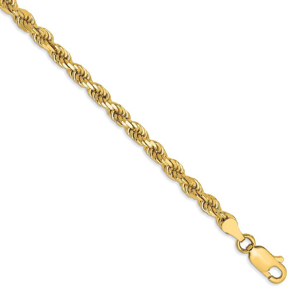 3.5mm, 14k Yellow Gold, Diamond Cut Solid Rope Chain Anklet, 9 Inch