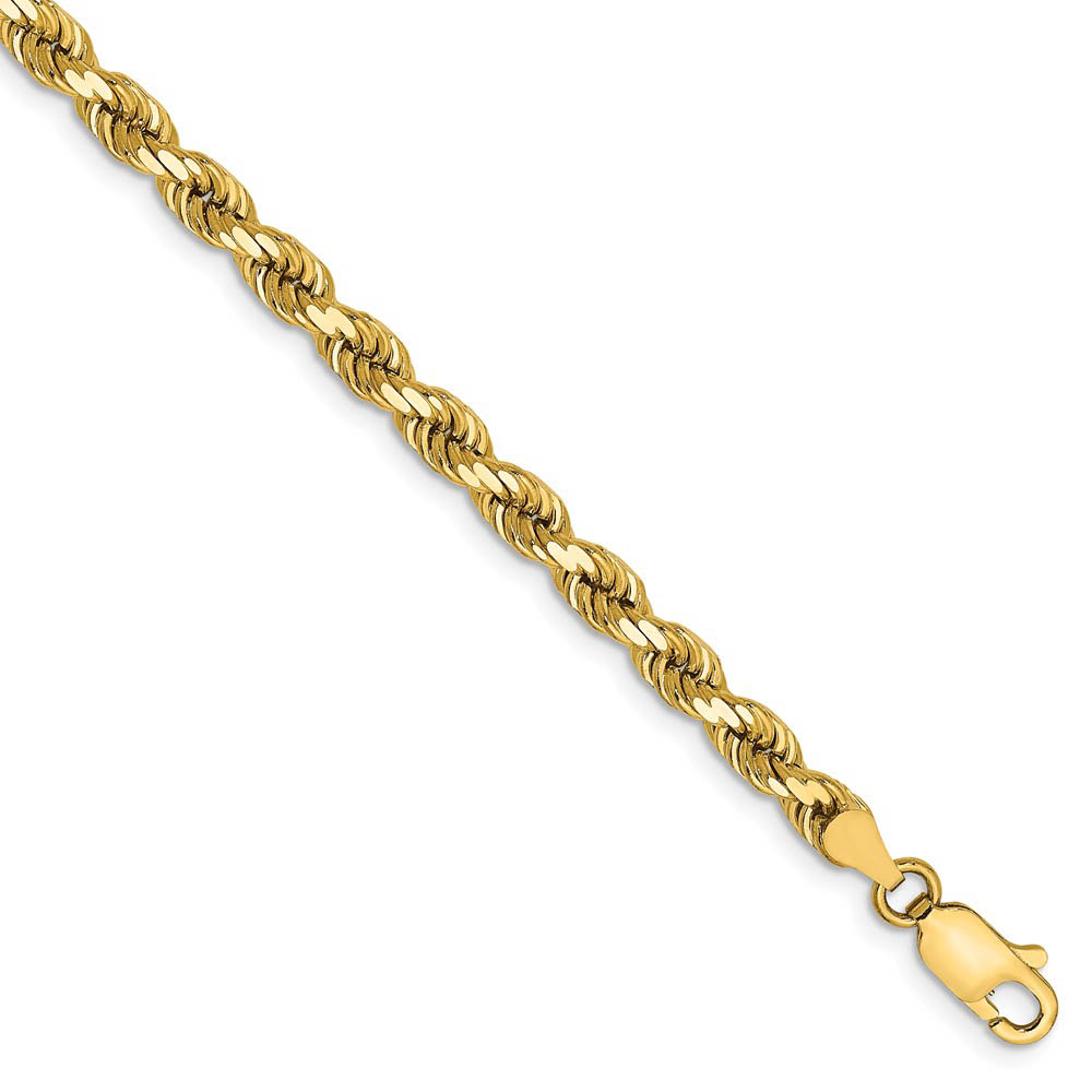 4mm, 14k Yellow Gold, Diamond Cut Solid Rope Chain Bracelet, 7 Inch