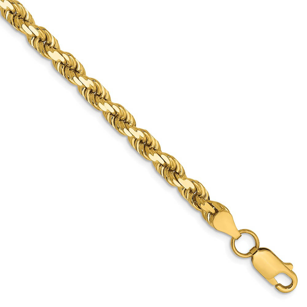 4.5mm, 14k Yellow Gold, Diamond Cut Solid Rope Chain Bracelet, 9 Inch