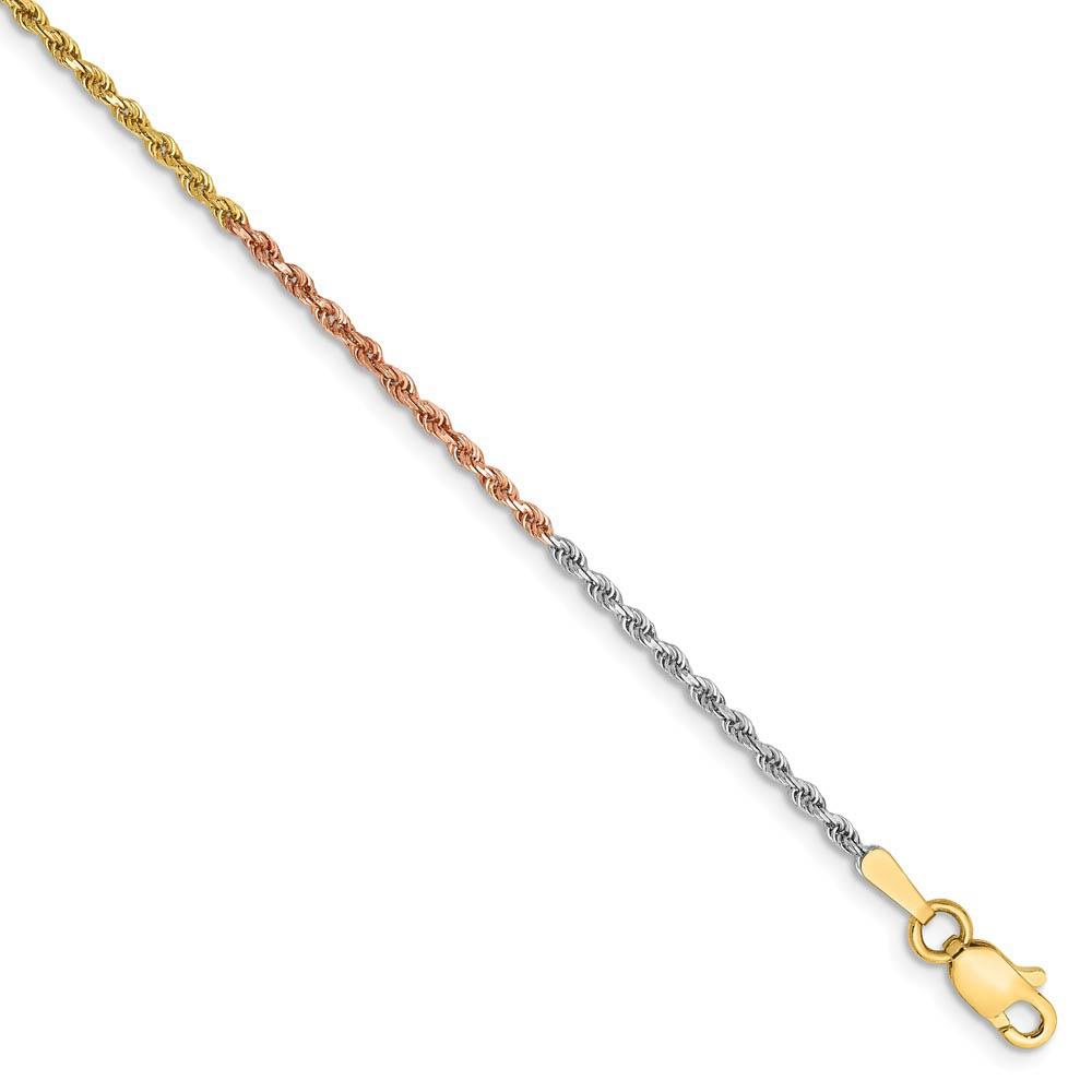 1.5mm 14k Tri-Color Gold Diamond Cut Solid Rope Chain Anklet, 10 Inch