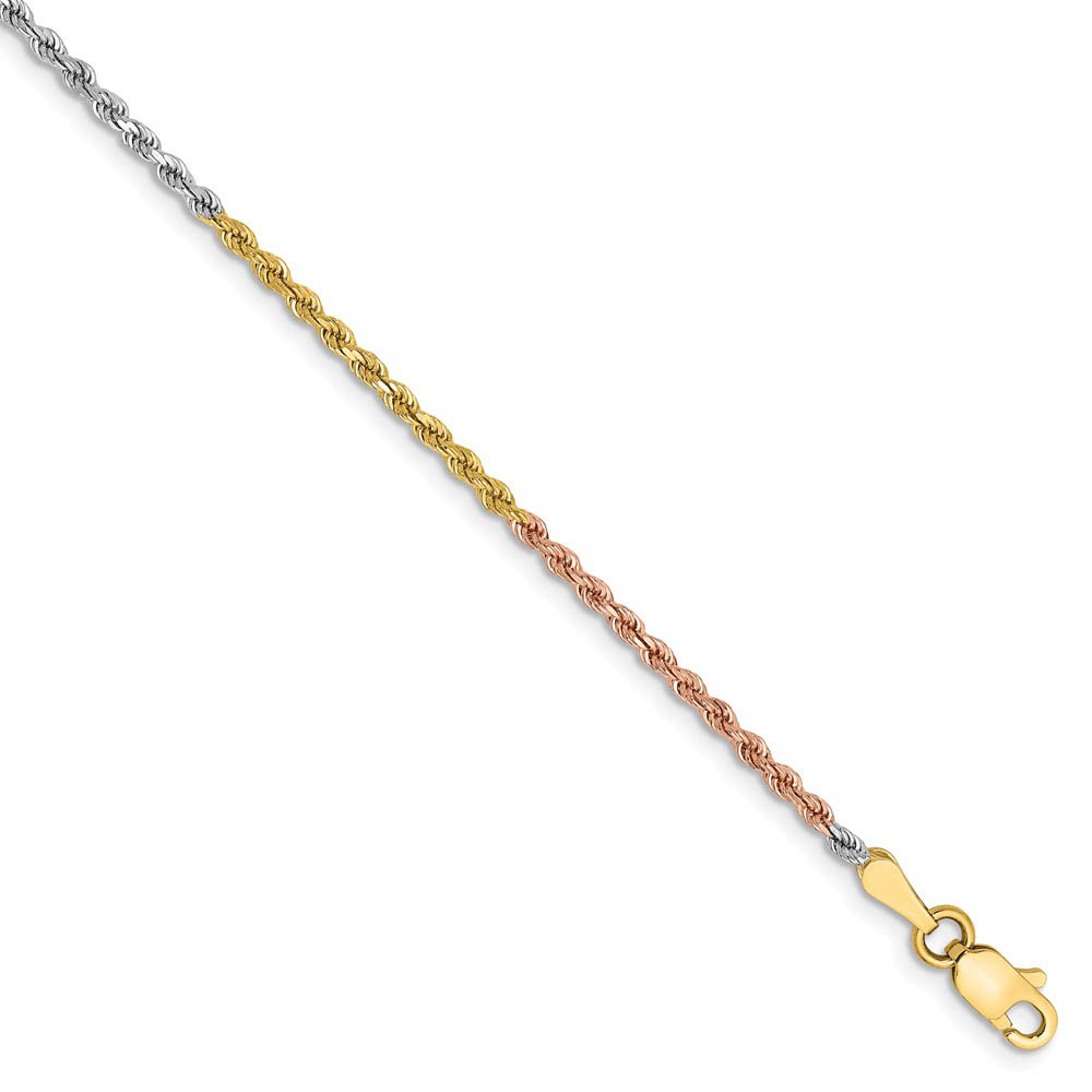 1.8mm 14k Tri-Color Gold Diamond Cut Solid Rope Chain Anklet, 9 Inch