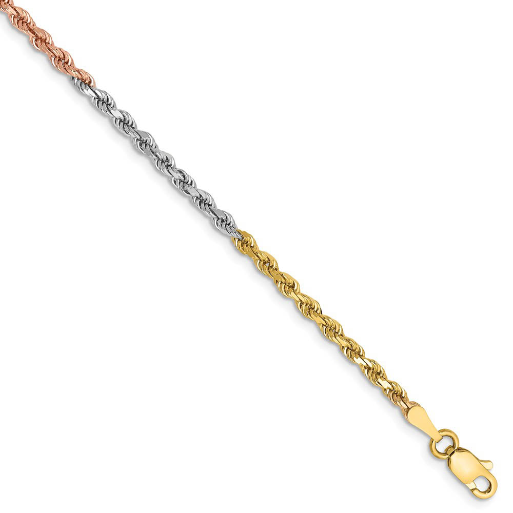 2.5mm, 14k Tri-Color Gold, D/C Solid Rope Chain Bracelet