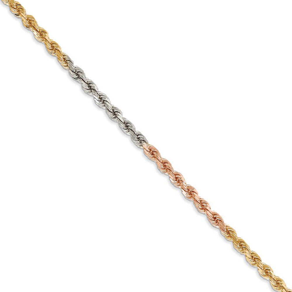 2.9mm, 14k Tri-Color Gold, D/C Solid Rope Chain Necklace, 18 Inch