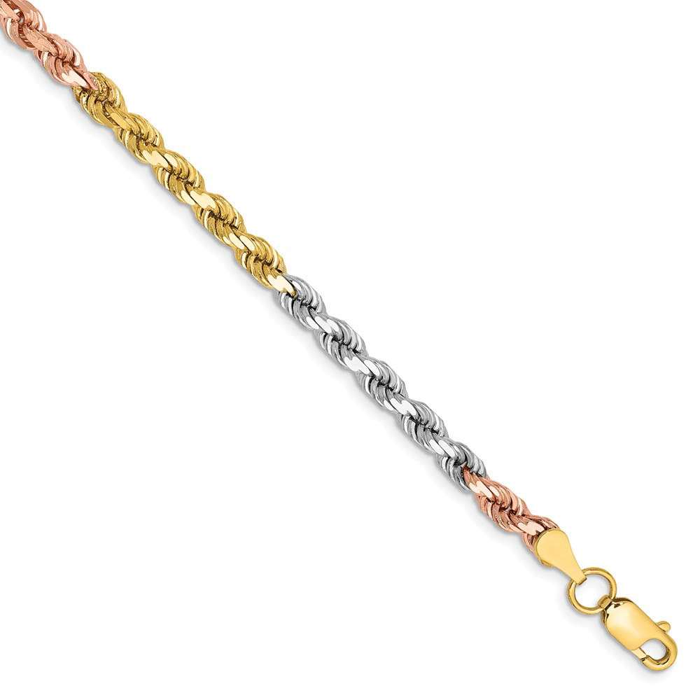 4mm, 14k Tri-Color Gold, D/C Solid Rope Chain Bracelet, 7 Inch