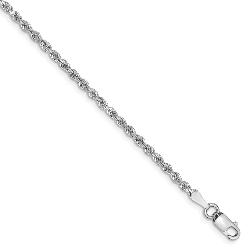 2mm, 14k White Gold, Diamond Cut Solid Rope Chain Anklet, 9 Inch