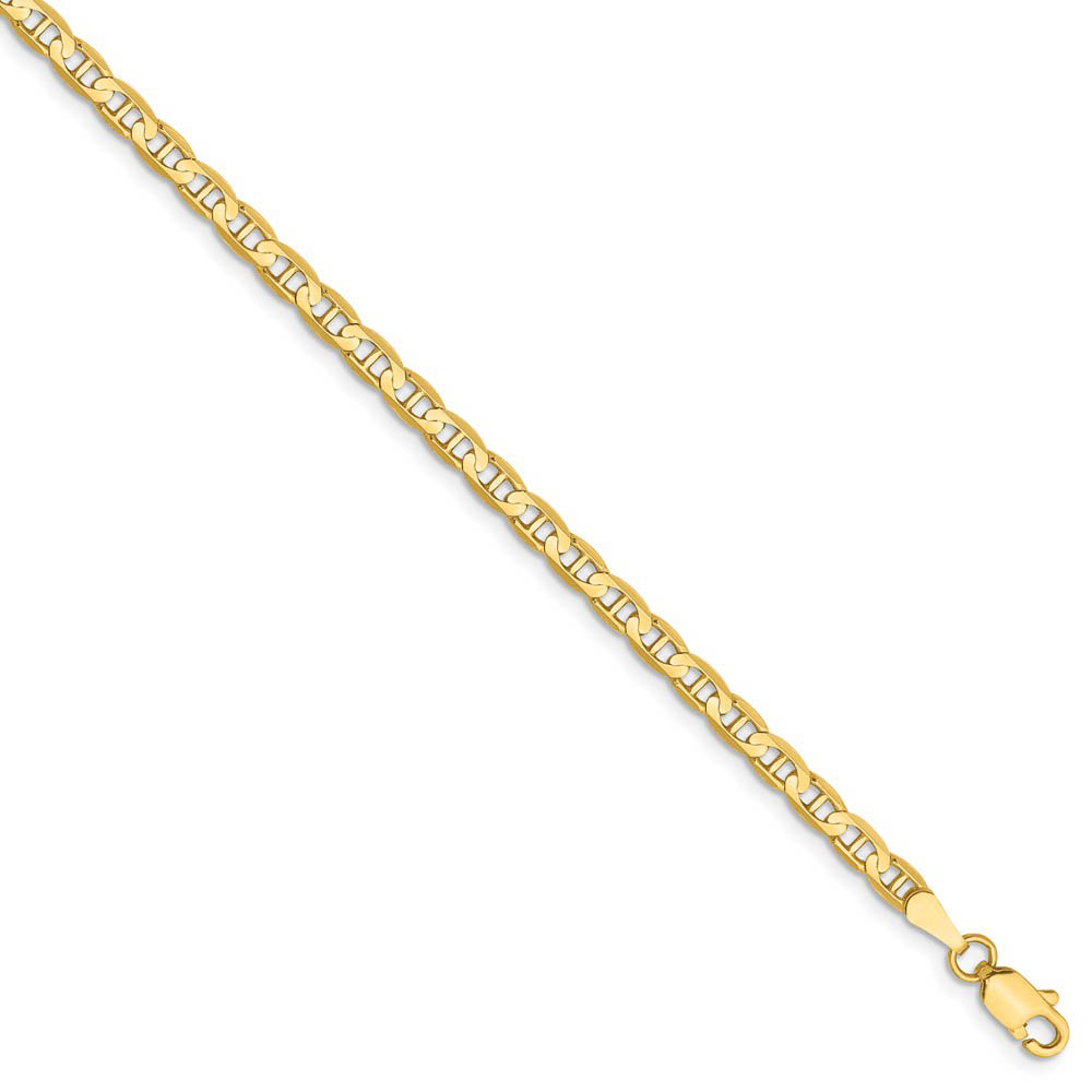 3mm, 14k Yellow Gold, Solid Concave Anchor Chain Anklet, 9 Inch