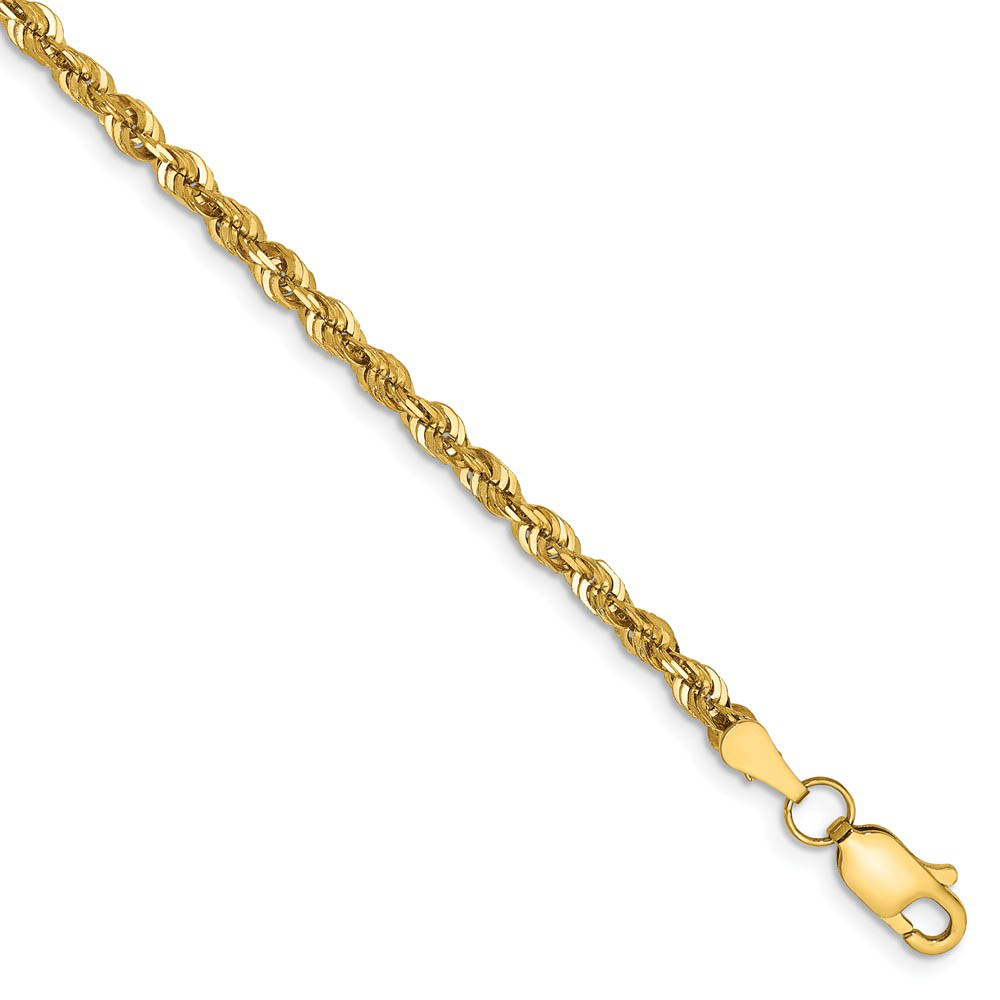 2.75mm, 14k Yellow Gold Light Diamond Cut Rope Chain Anklet, 9 Inch