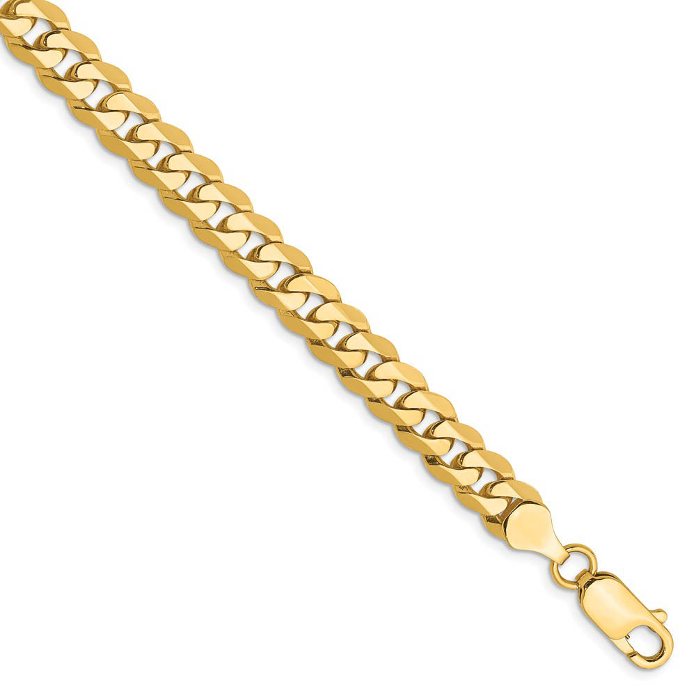 Men&#039;s 7.25mm 14k Yellow Gold Solid Beveled Curb Chain Bracelet