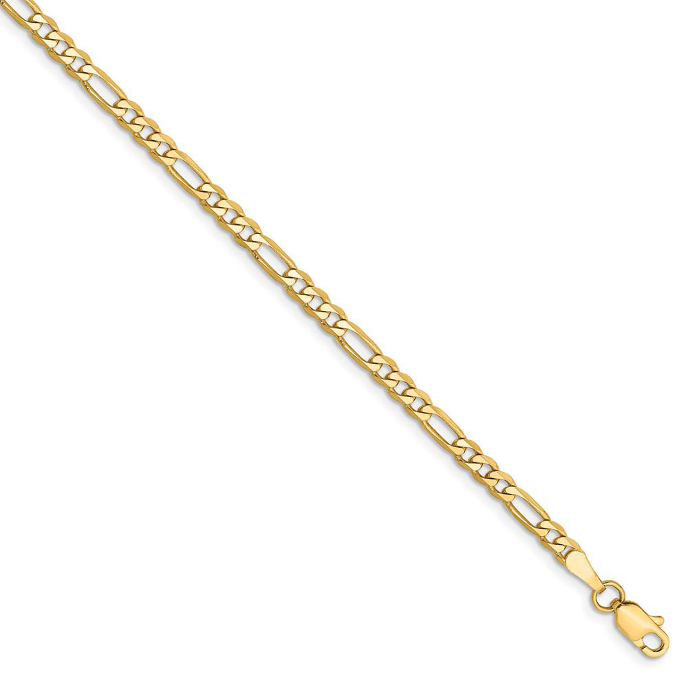 3mm, 14k Yellow Gold, Flat Figaro Chain Bracelet, 7 Inch