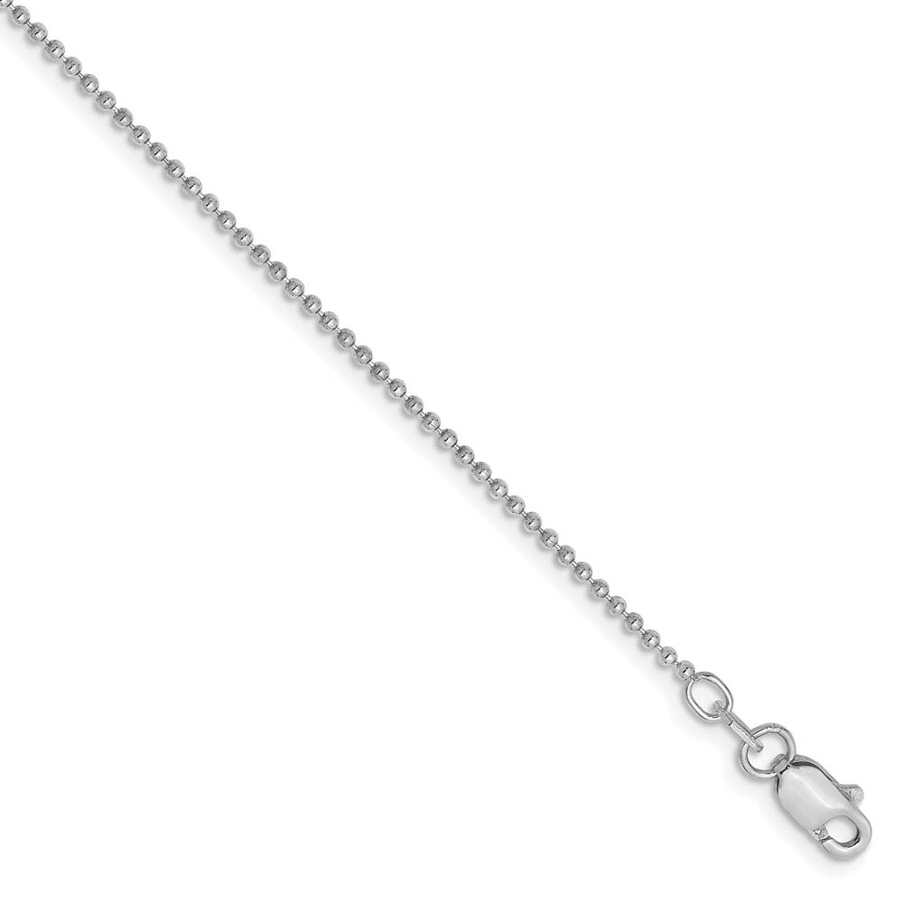 1.2mm, 14k White Gold, Diamond Cut Hollow Ball Chain Anklet, 9 Inch